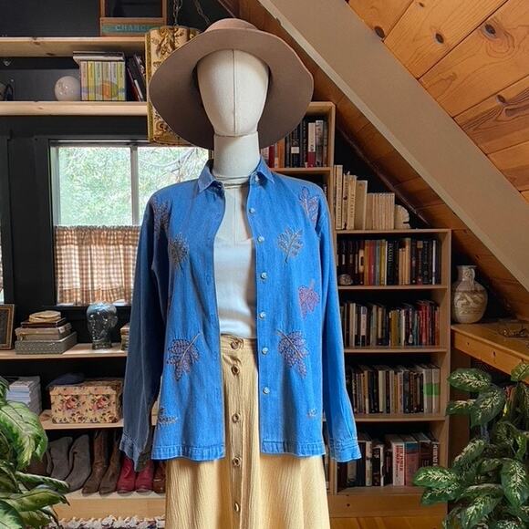 Chambray Long Sleeve Shirt Fall Leaves Embroidered - Picture 1 of 6